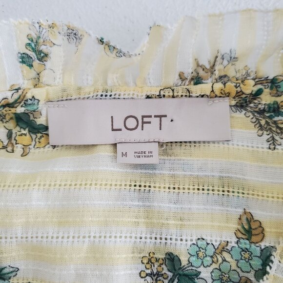 LOFT Womens Floral Blouse Size M Yellow Green Pintucked Tie Neck Cottage Core - Picture 4 of 9